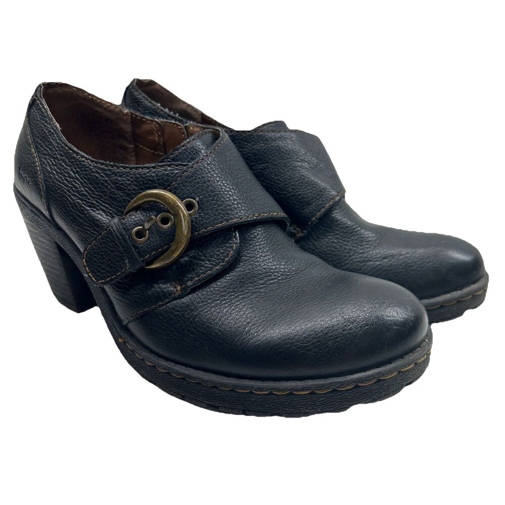 BOC Born Concept Womens 7.5 Women Black Leather Ankle Bootie Shoe Block Heel Zip